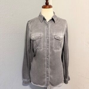 Life In Progress Womens Medium Charcoal Grey Acid Wash Button Down Shirt Pockets